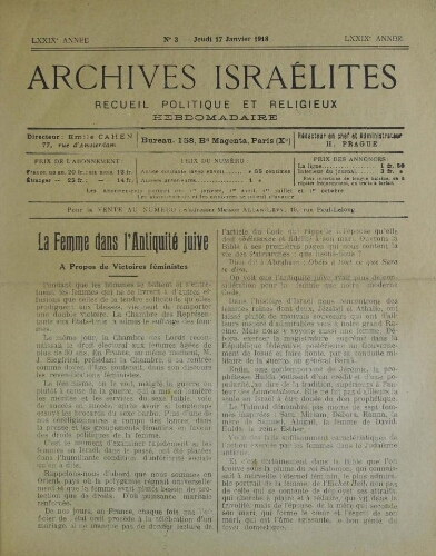 Archives israélites de France. Vol.79 N°03 (17 janv. 1918)
